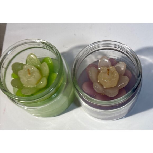 Lotus Flower Glass Jar Candles Set Of 2 Green & Purple 3" Tall - Picture 5 of 6